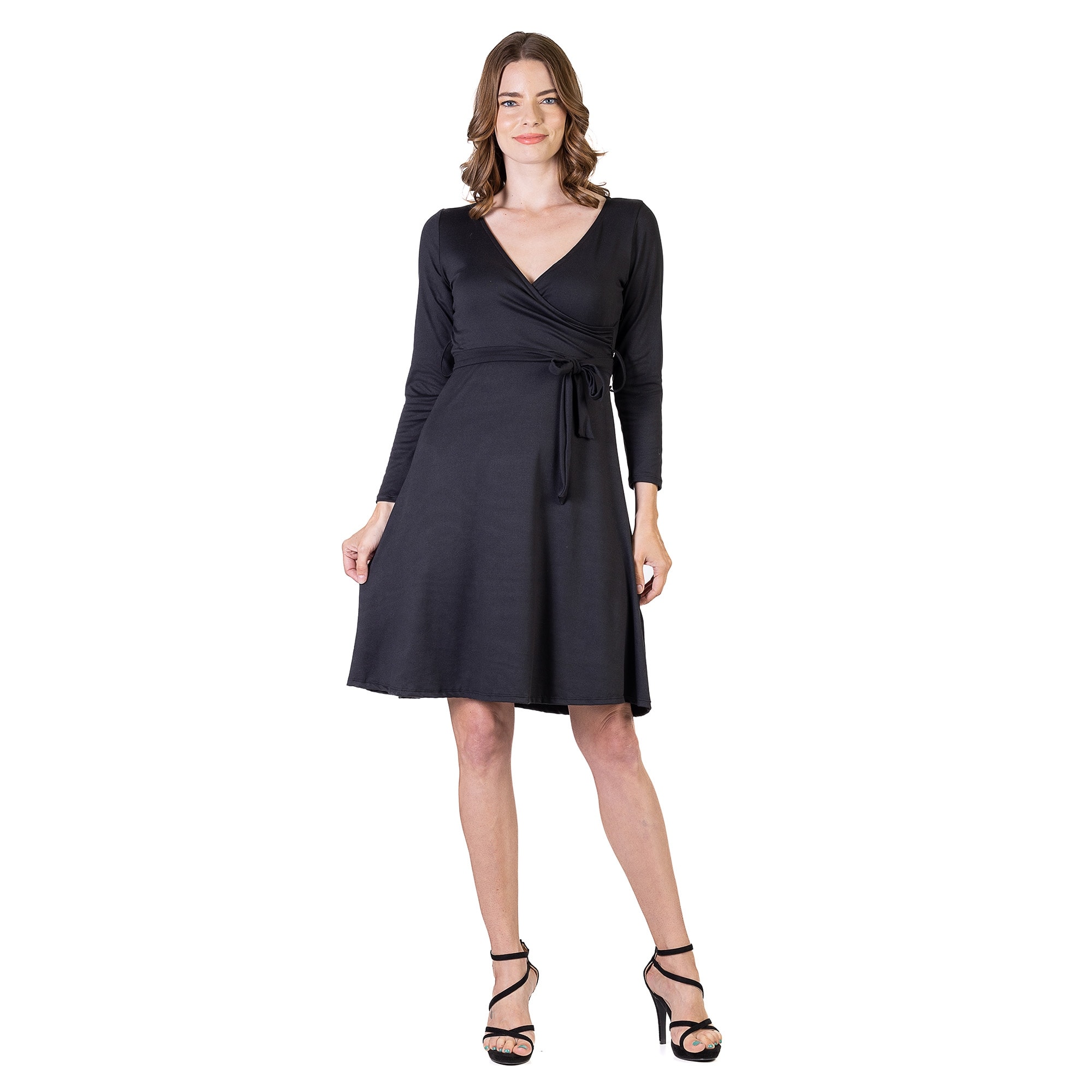 24seven Comfort Apparel Chic V-Neck Long Sleeve Belted Dress
