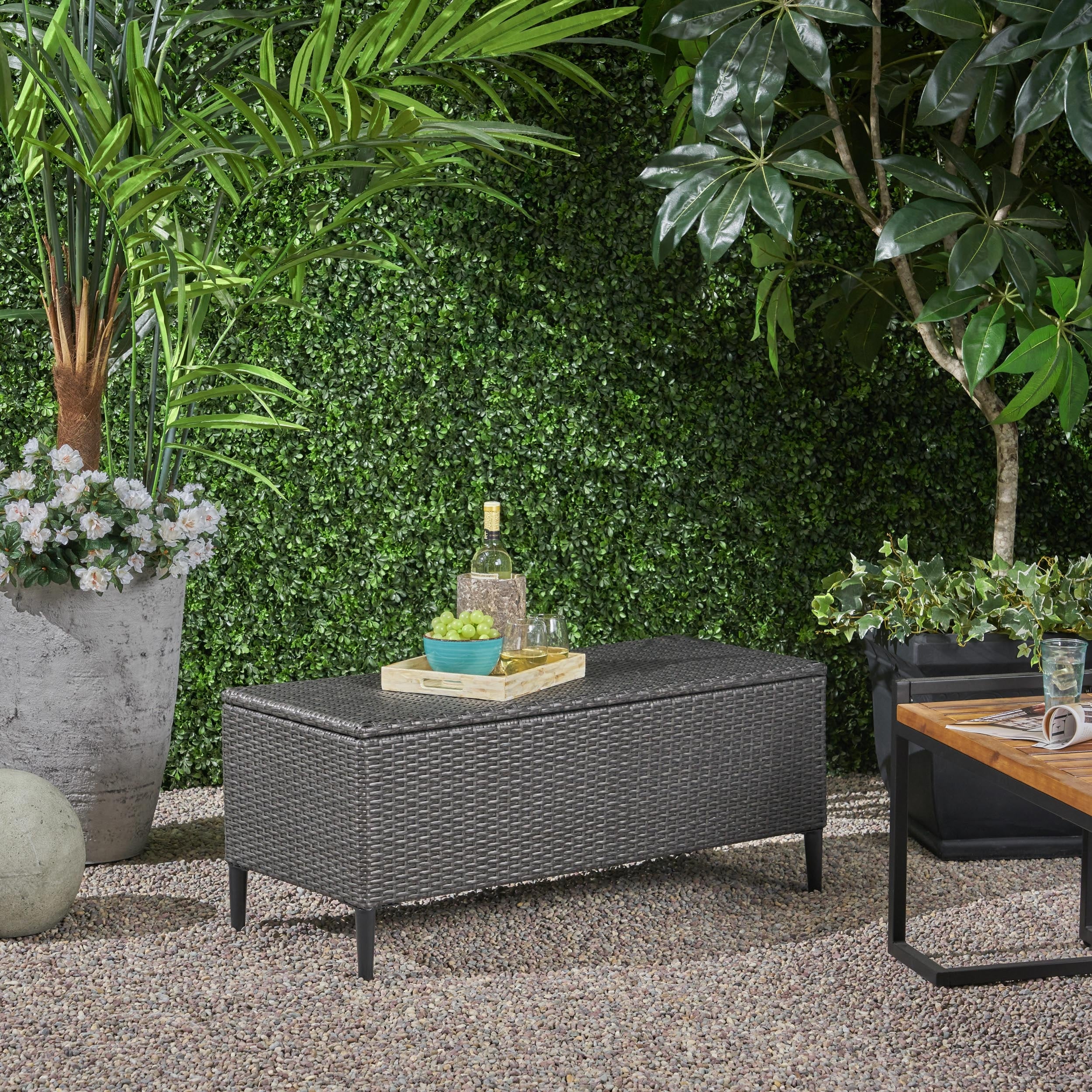 Black rattan garden storage bench on sale