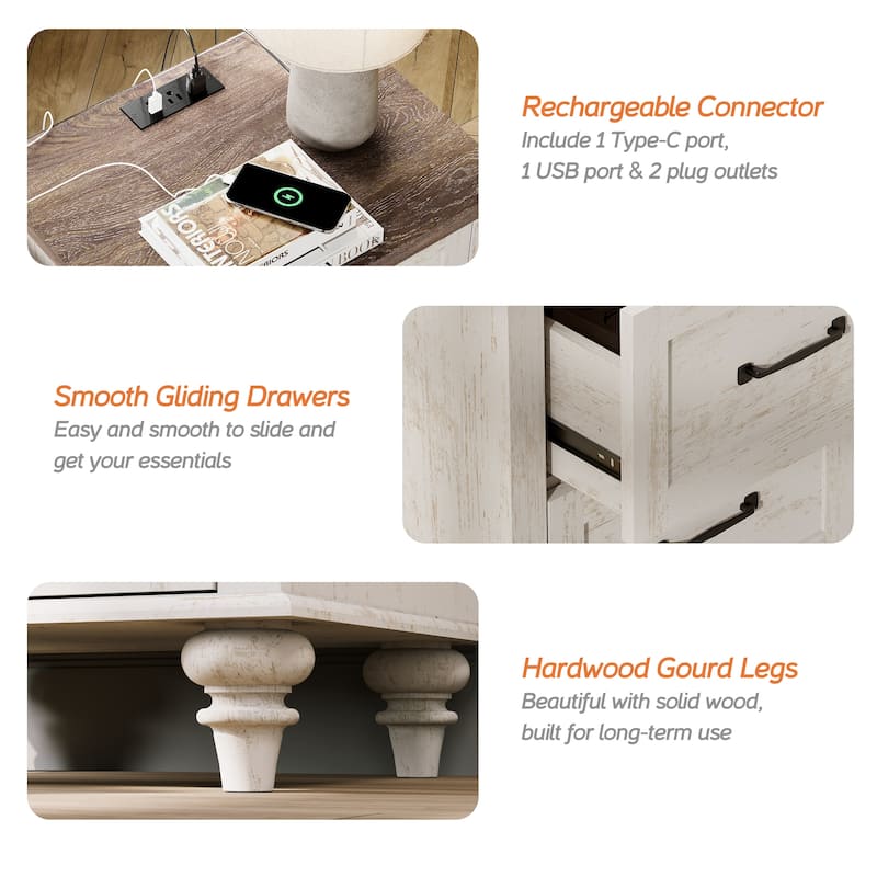 Farmhouse End Table Nightstands with Charging Station & Drawer