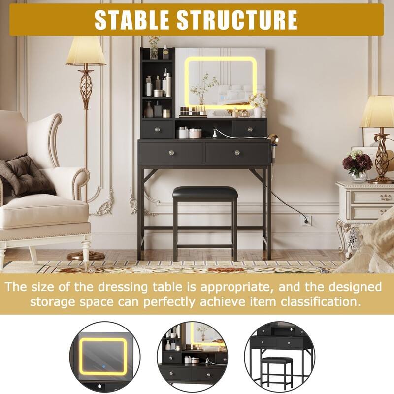 Makeup Vanity with Mirror and LED Lights, Charging Station, 4 Drawers, Shelves, Stool