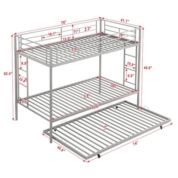 Silver Twin Over Twin Metal Bunk Bed with Trundle, Ladders, Easy Assembly