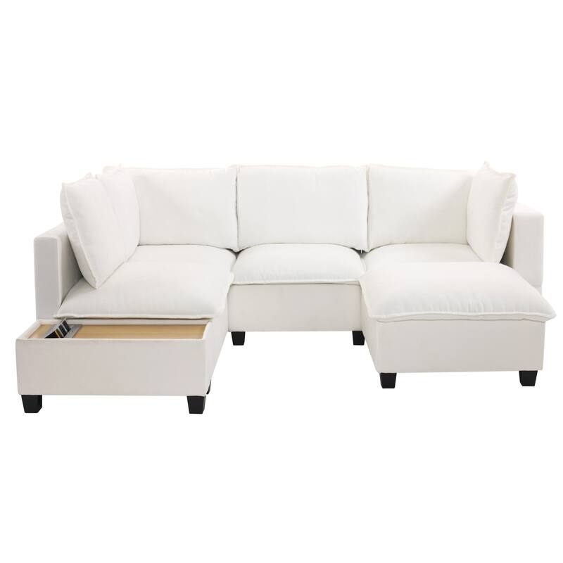 Modern Sectional Sofa with Hidden Charging Coffee Table and Movable Ottoman and Chenille Upholstery for Living Rooms