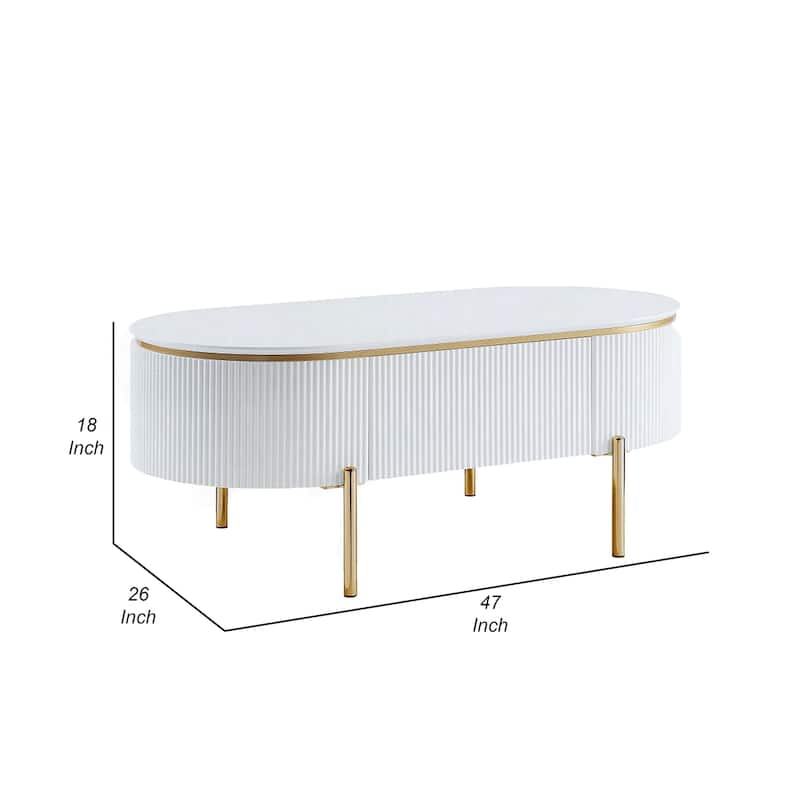 Tyce Oval Coffee Table with Drawer, 47 Inch, Glossy White, Gold Metal