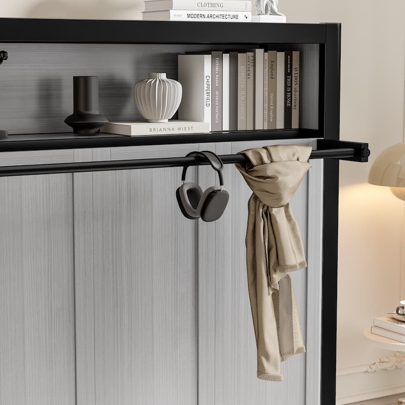 Twin Size Murphy Bed Chest, Hidden Wall Platform Bed with Storage Shelves, Heavy Duty Metal Foldable Bed Frame