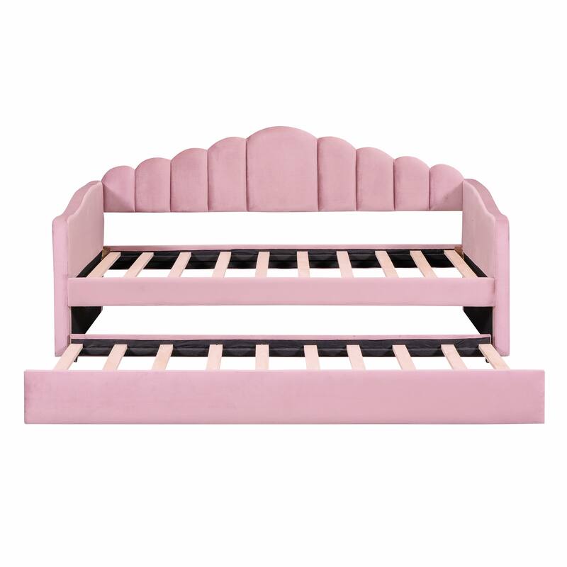 Twin size Velvet Daybed Wingback Daybed for Apartment with Retractable Trundle & USB Charging Ports, Wood Slat Support, Pink