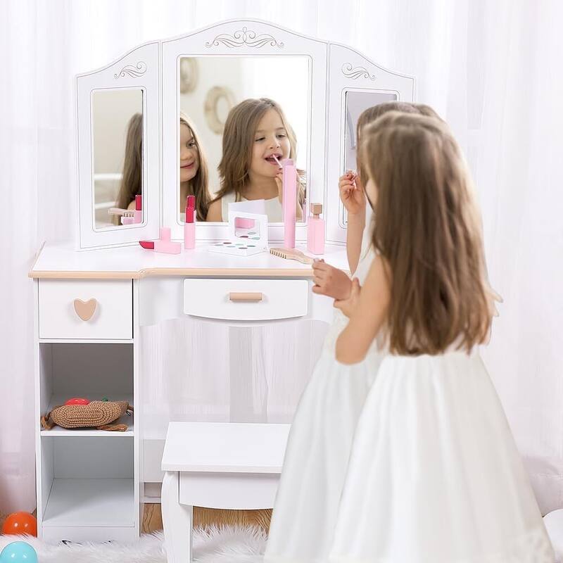 Kids Vanity Set with Mirror and Drawer Vanity Table and Chair Set