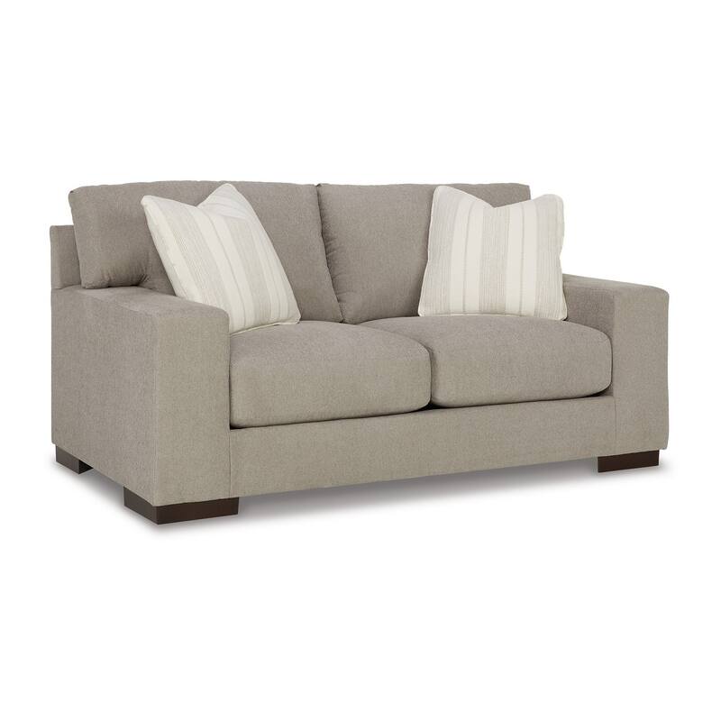Magg 70 Inch Loveseat, 2 Ivory Throw Pillows, Soft Flax Beige Polyester
