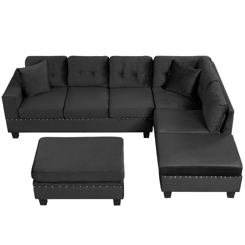 105" L-Shape Sofa with Storage Ottoman, 2 Pillows, Cup Holders, Reversible Chaise, Black Velvet, Living Room