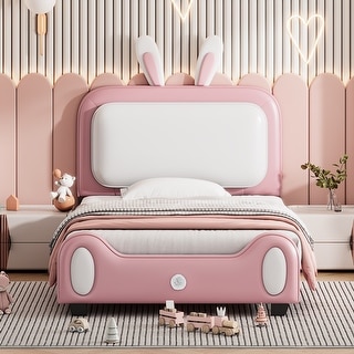 Kids Platform Bed Upholstered Bed Rabbit-Shape Bed, White/ Pink - Bed ...