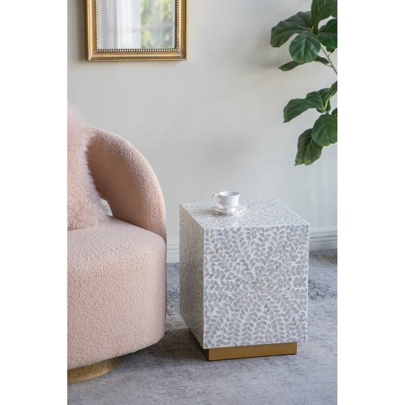 Square Accent Stool with White Capiz Shell Finish - Cream White
