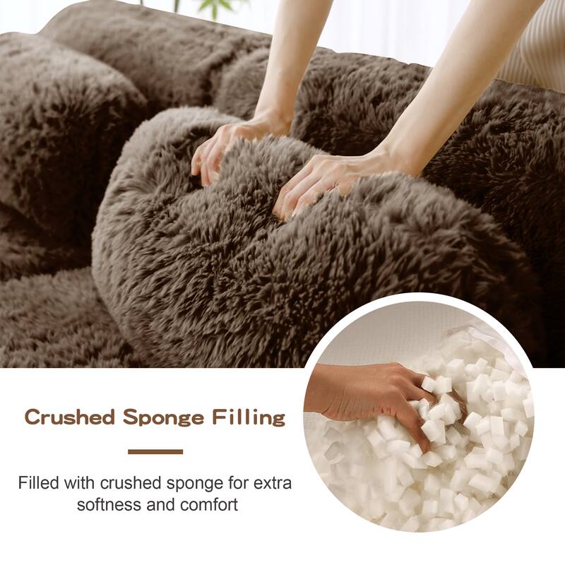 Anmytek Modern L-Shaped Boneless Sofa - Soft Fluffy Plush 32D High Density Sponge with Throw Pillows Movable Ottoman