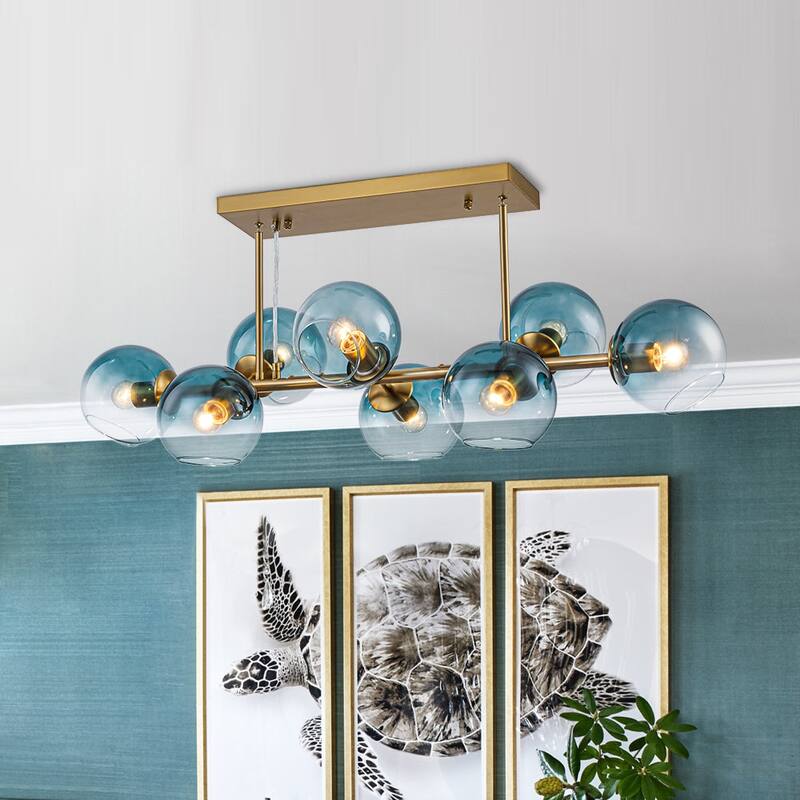 Modern 8-Light Glass Globe Linear Sputnik Island Chandelier Semi Flush - Blue Glass + Brass Finish