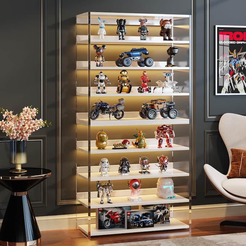 63" 8-Tier Acrylic Bookshelf, Modern Bookcase with Wood Shelves, Display Storage Rack for Living Room, Bedroom & Home Office - White