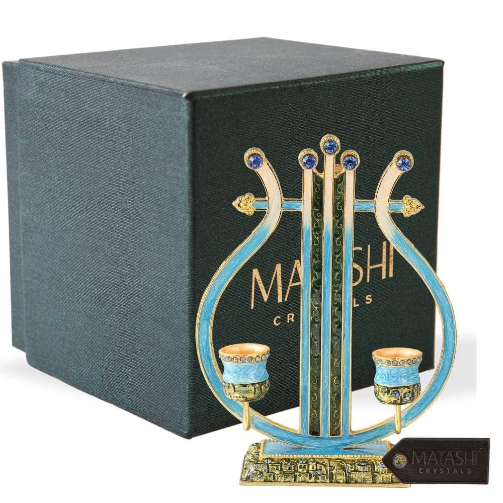 Matashi Oil Candle Holders | Displays 2 Candles | Blue & Green Colors, Intricate Details w/ Matashi Crystals | Modern Home Décor
