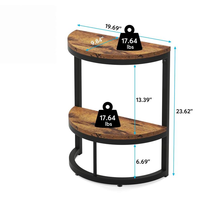 Slim Half Moon 2-Tier Semi-Circle End Table, 19.69" Rustic Brown Wooden Side Table with Storage Shelf for Small Spaces
