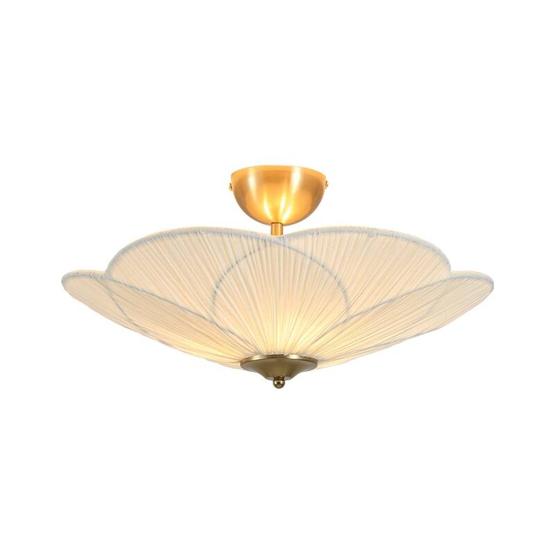 3-Light French Country White Ribbed Fabric Round Bloom Ceiling Light