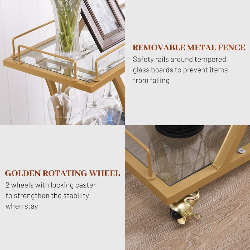 Myhozm 3-tier Serving Metal Bar Cart with Tempered Glass