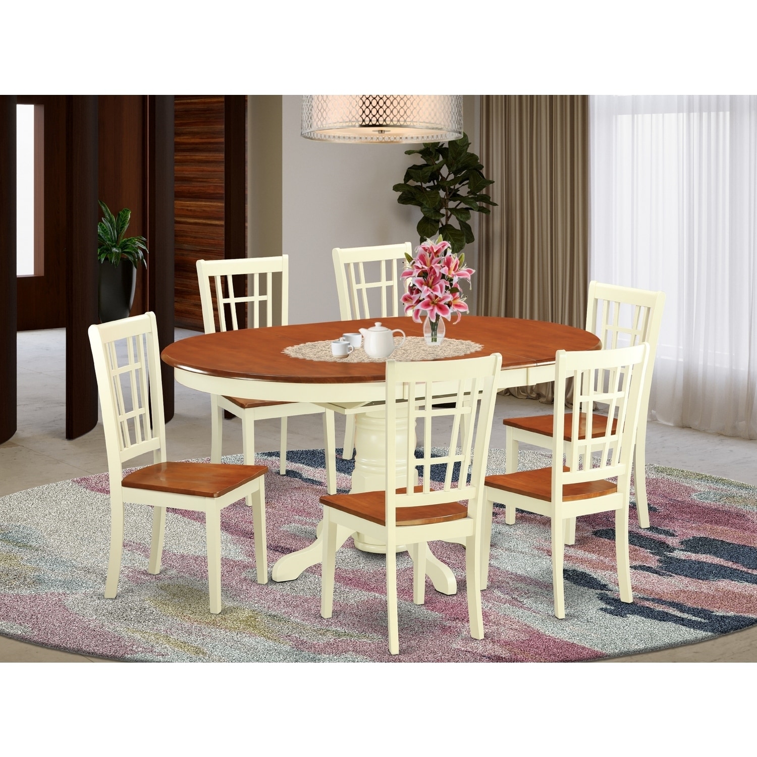 Luxury 7 Piece Dining Set - Oval Table with Leaf & 6 Chairs - Buttermilk & Cherry Finish
