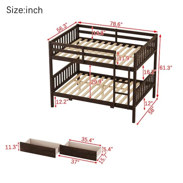 dimension image slide 2 of 6, Rubber Wood Bunk Bed Frame with 2 Drawers,Convertible into 2 Beds