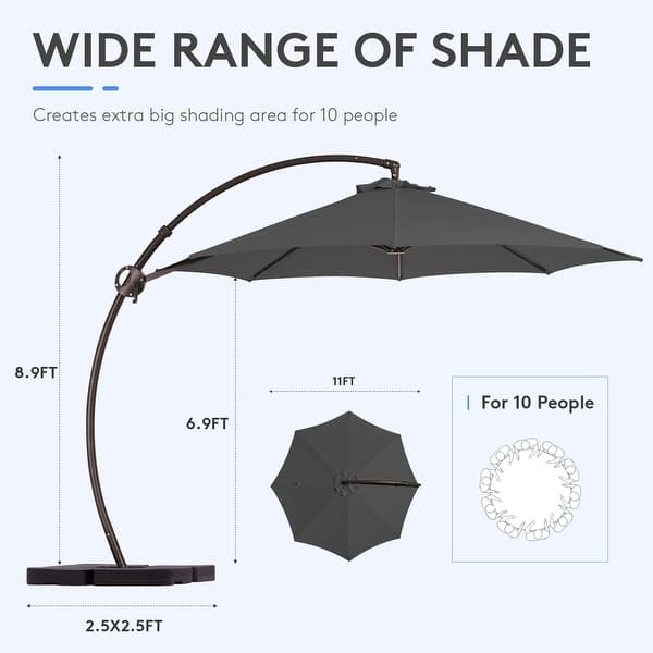 dimension image slide 0 of 2, 11 ft.Aluminum Curvy Cantilever Offset Hanging Patio Umbrella With Sandbag Base