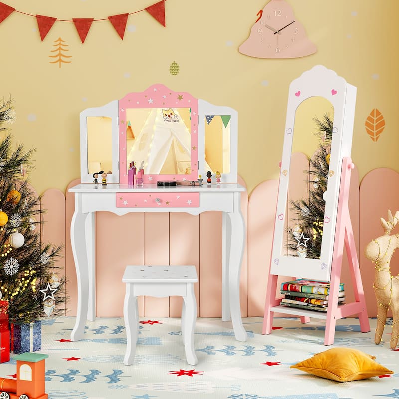 Gymax Kids Vanity Set Princess Makeup Dressing Table & Chair Set w/