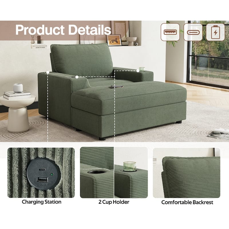 42.8" Oversized Chaise Lounge Chair with Storage Ottoman, Corduroy Sofa Bed with Cup Holders & USB Charging Port