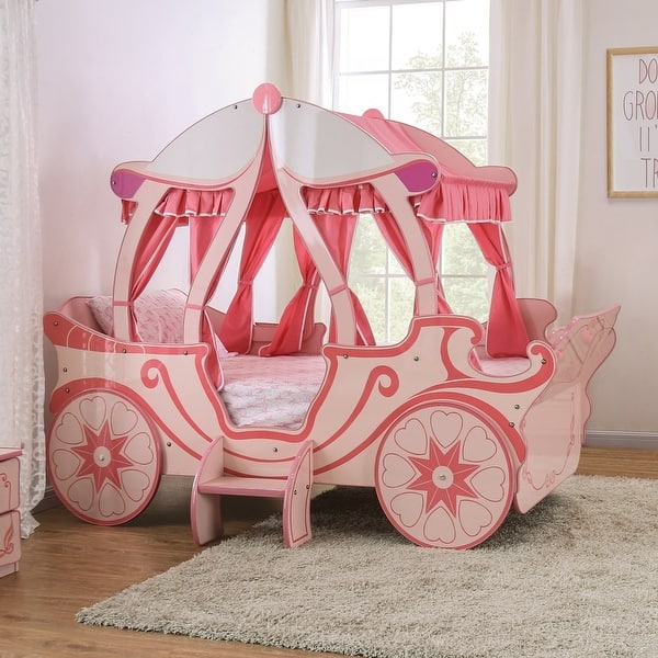 slide 2 of 7, Transitional Pink Wood Pumpkin Carriage Kids Canopy Bed by Furniture of America Pink