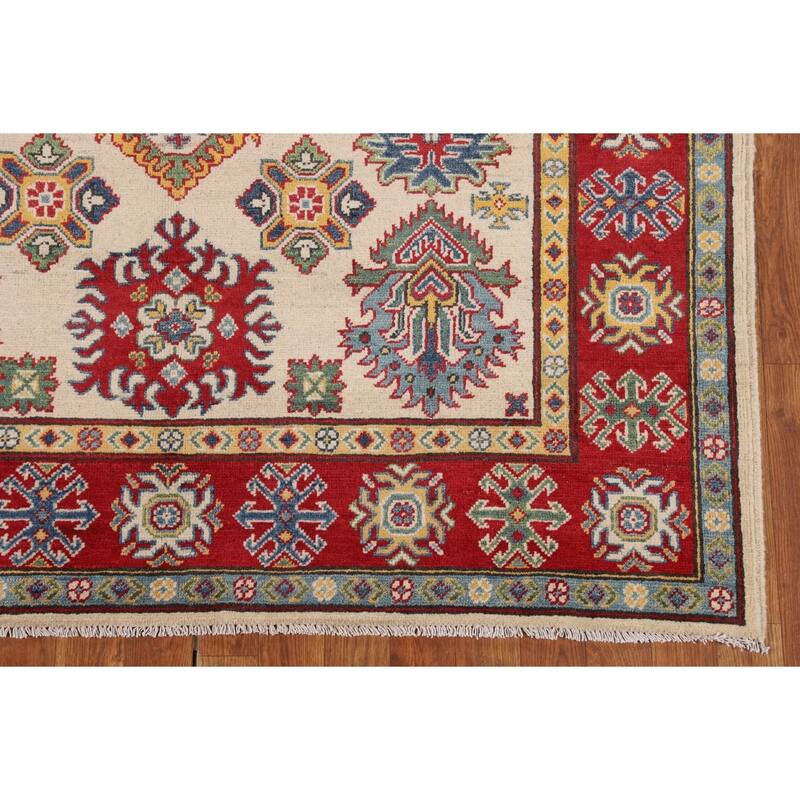 Geometric Ivory Kazak Oriental Area Rug Handmade Wool Carpet - 5'2" x 6'6"