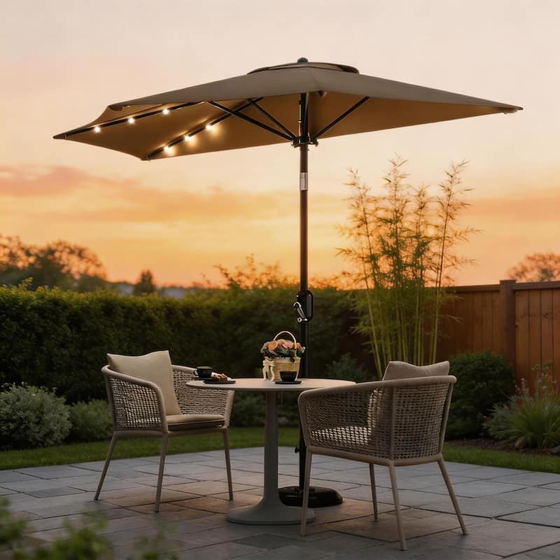 9ft Outdoor Patio Half Umbrella, with Solar LED Lights and Smooth Crank Lift