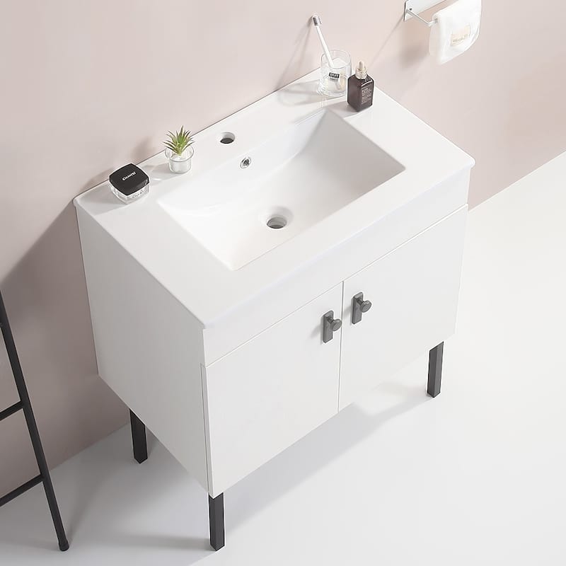 Bathroom Vanity with Metal Leg, White Ceramic Basin & 2 Soft Close Doors