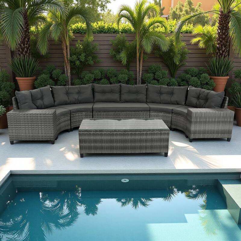 8-Piece Outdoor Patio Wicker Half-Moon Sectional Sofa Set with Rectangular Coffee Table - Gray