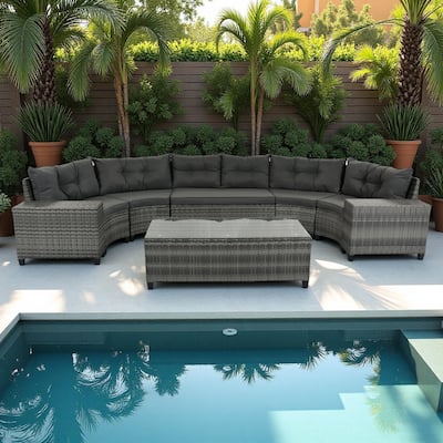 8-Piece Outdoor Patio Wicker Half-Moon Sectional Sofa Set with Rectangular Coffee Table