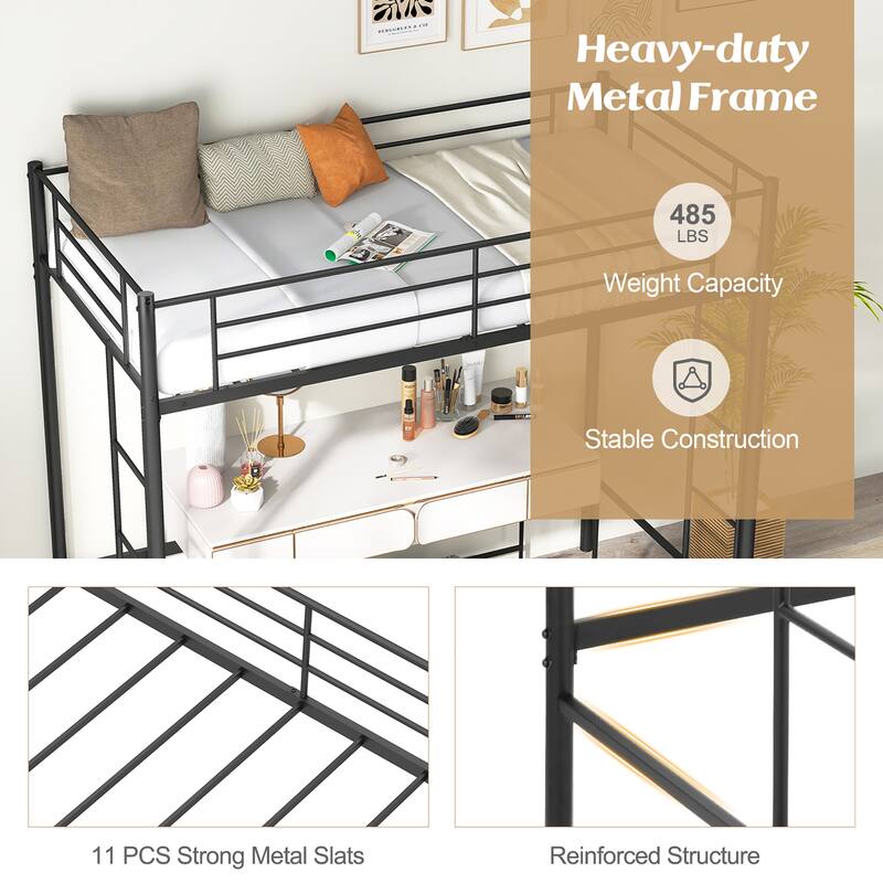 Gymax Metal Twin Loft Bed Space-saving Loft Bed Frame w/ Full-length
