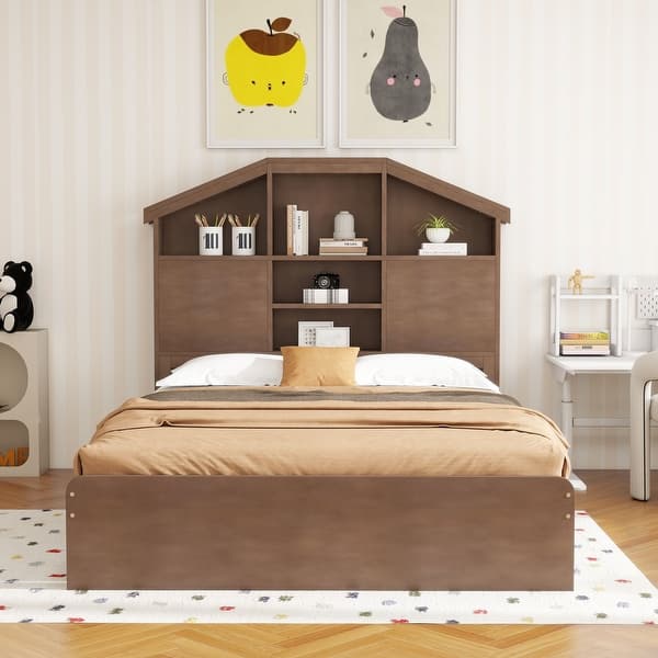 slide 2 of 71, Wooden platform bed with house shaped storage headboard and drawers