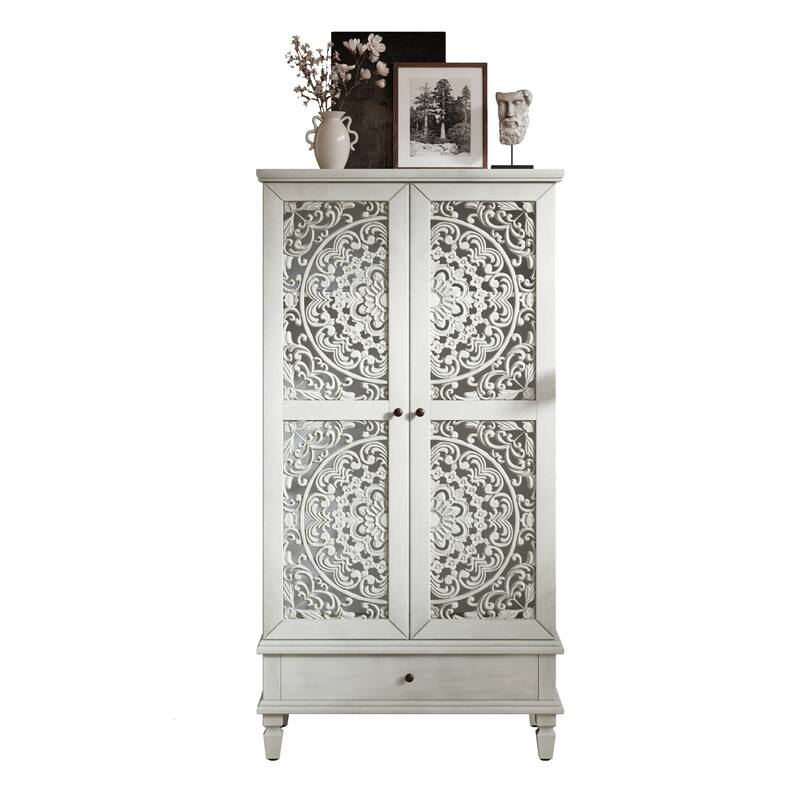 GDF Studio - Maribelle Rustic 55" Tall Storage Cabinet with Drawer, Decorative 2-Door Carved Wood Accent Cabinet
