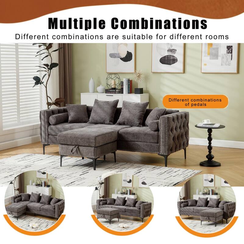 85'' L-Shaped 4 Seater Sectional Sofa with Convertible Storage Ottoman, Pillows, Solid Wood Frame, Modern Tufted Design