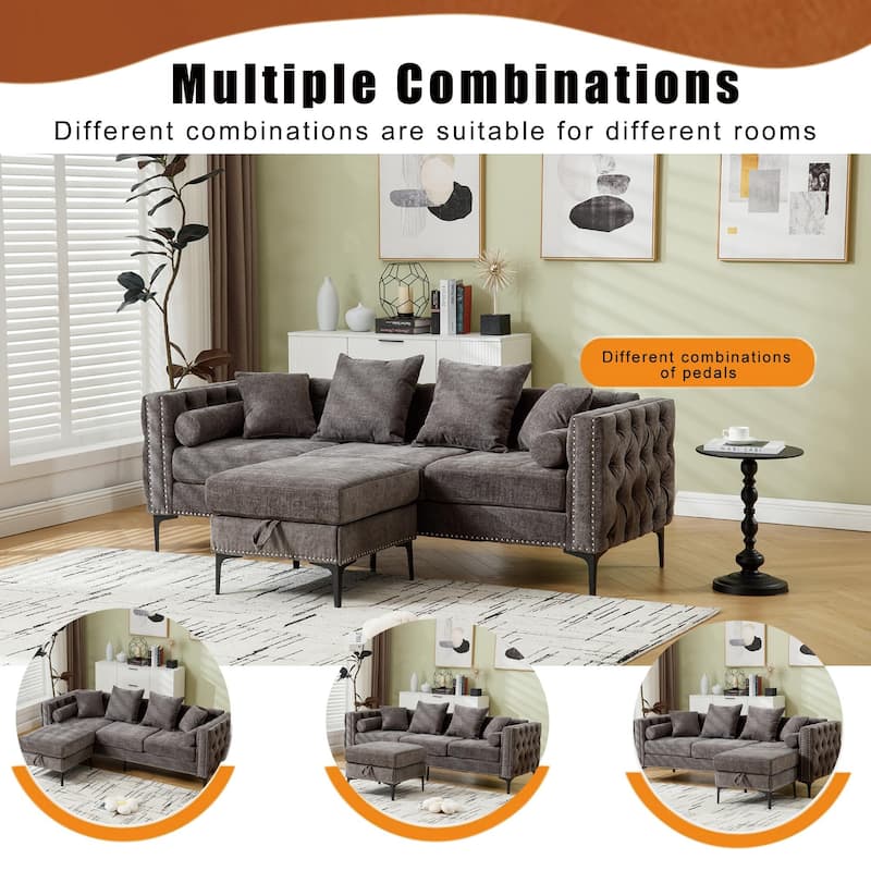Grey 85" L-Shaped 4-Seat Sofa with Convertible Storage Ottoman and Pillows