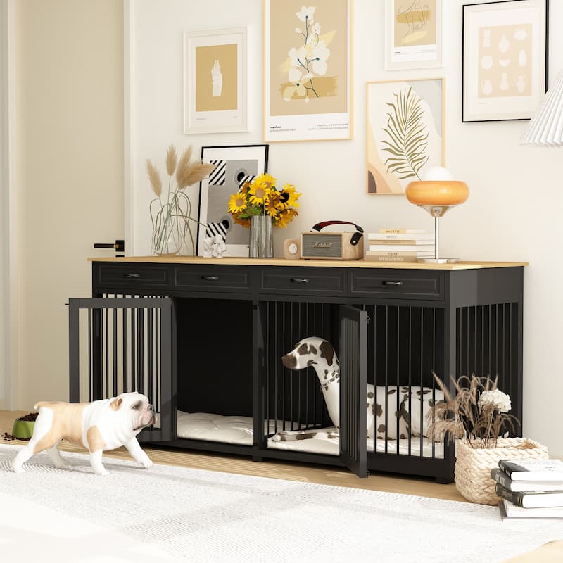 Dog Crate Furniture - Wood Dog Kennel Cages with Divider and 4 Drawers
