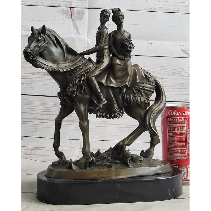 Elegant Bride And Groom On Imitative Horse Back Solid Bronze Sculpture By Milo Hand Made