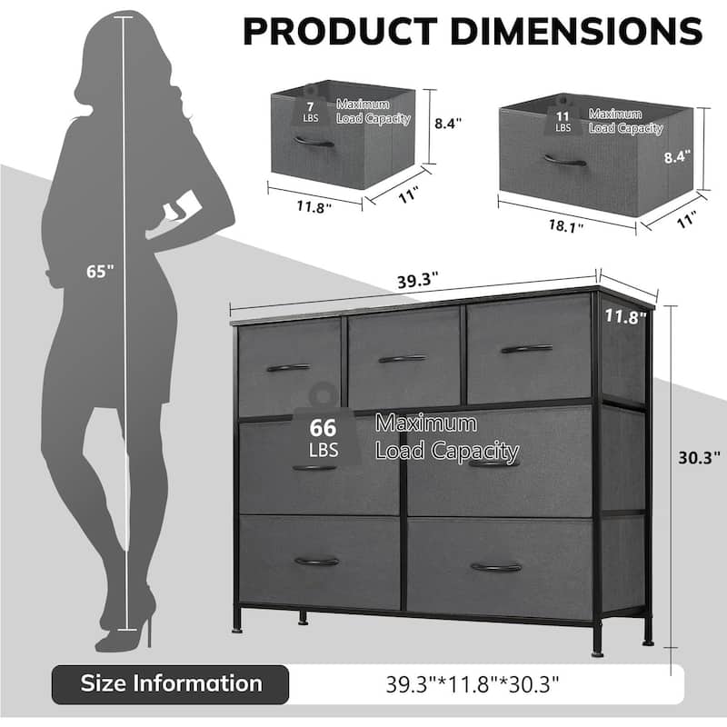 Dresser for Bedroom with 7 Drawers, Anti-Tip Wide Fabric Chests Storage Organizer Tower Furniture, TV Stand for TV up to 45 inch