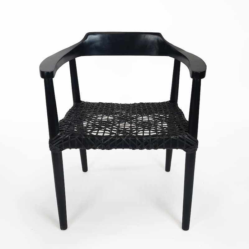 Erline Teak Wood Weaved Leather Seat Accent Chair Armchair