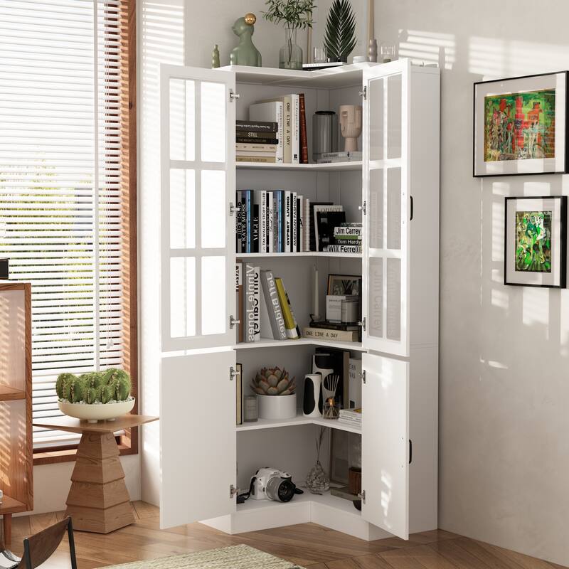 White 4-Door Croner Cabinet with 5 Shelves, Bookshelf