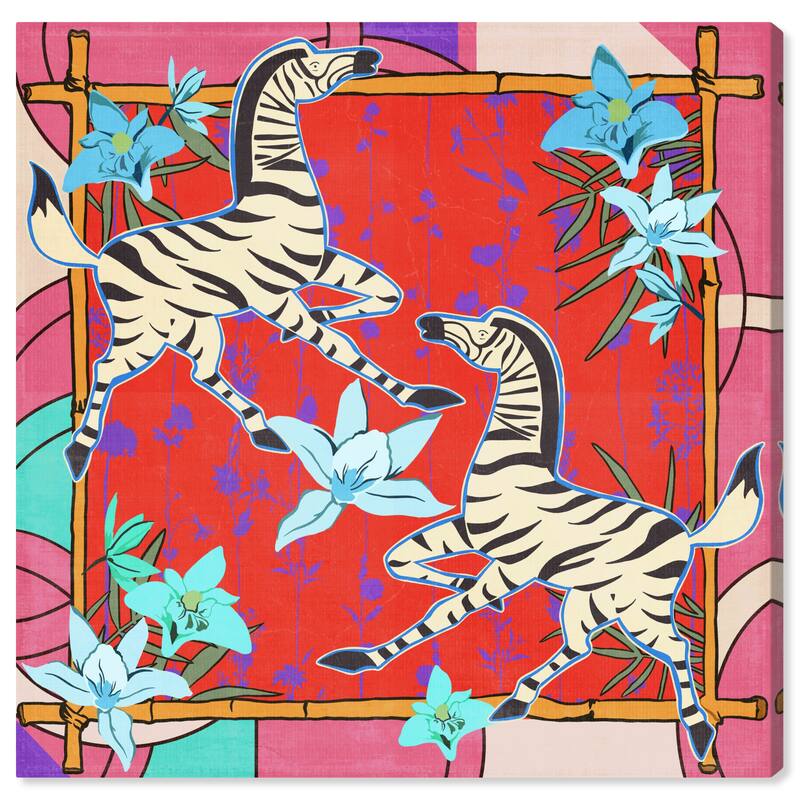 Wynwood Studio Canvas Animals Playful Zebras Red and Modern & Contemporary Wall Art Canvas Print