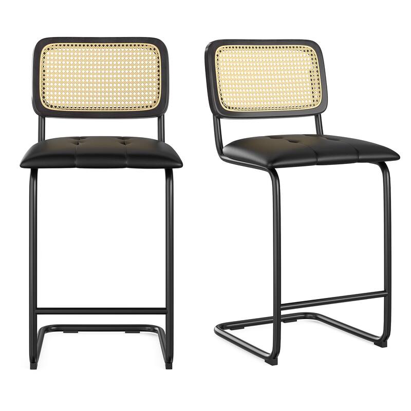 Counter Height Bar Stools Set of 2, Upholstered PU Leather Barstools with Rattan Back, 26 inch Stools Armless Bar Chairs - Black