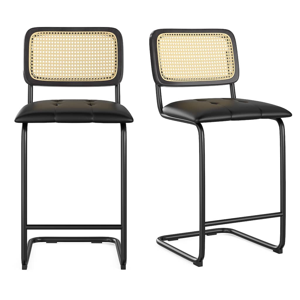 Set of 2 Black PU Leather & Rattan Back Bar Stools, 26" Counter Height Armless Bar Chairs for Kitchen Island