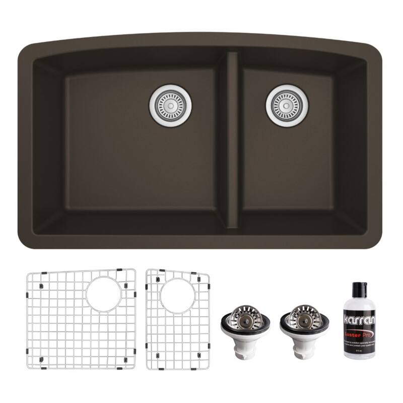 Karran Undermount Quartz 32 in. 60/40 Double Bowl Kitchen Sink Kit - Brown