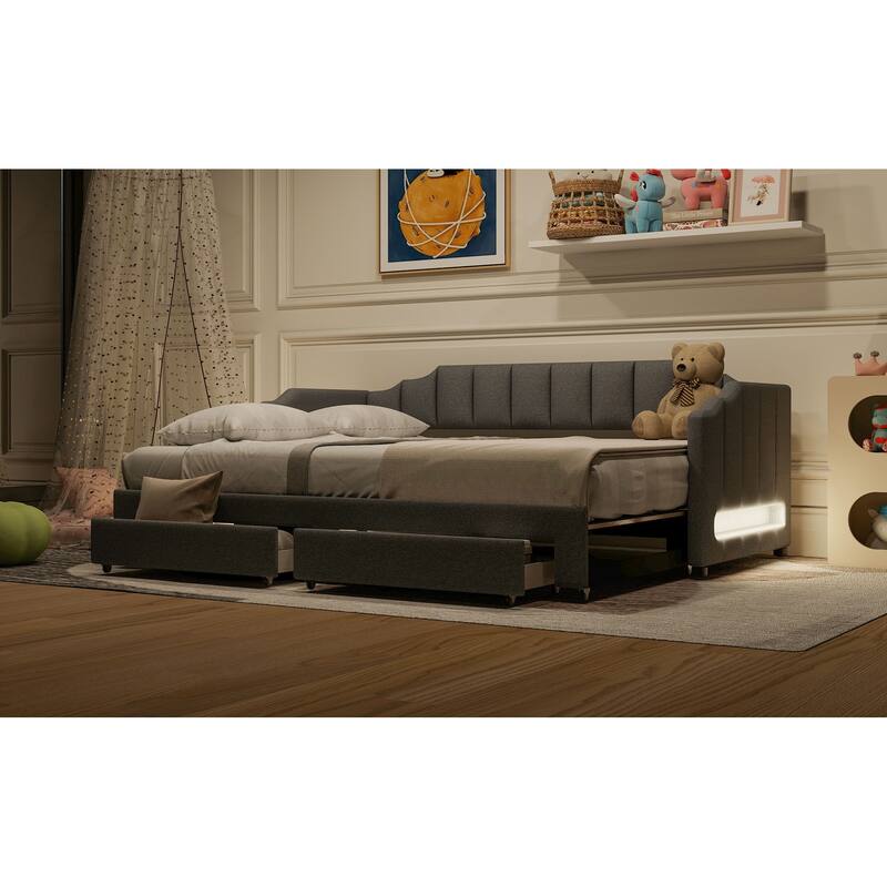 Extendable Twin XL to King Upholstered Daybed with Storage Drawers and LED Light, Gray