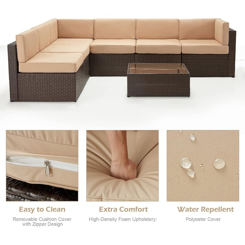 AECOJOY 7 Piece Outdoor Patio Furniture Set, PE Rattan Outdoor Wicker Sectional Furniture Chair Set with Cushions and Tea Table
