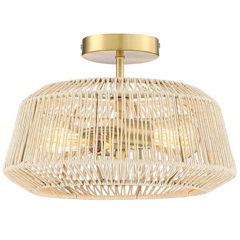 2-Light Rattan Semi-Flush Mount Ceiling Light - 14 in W