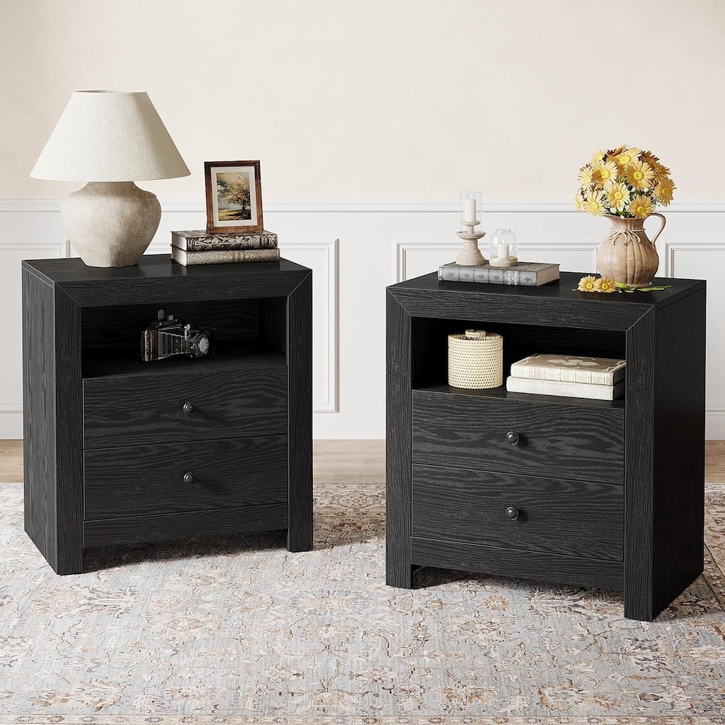 2 Drawers Nightstand with Open Storage Shelf for Bedroom
